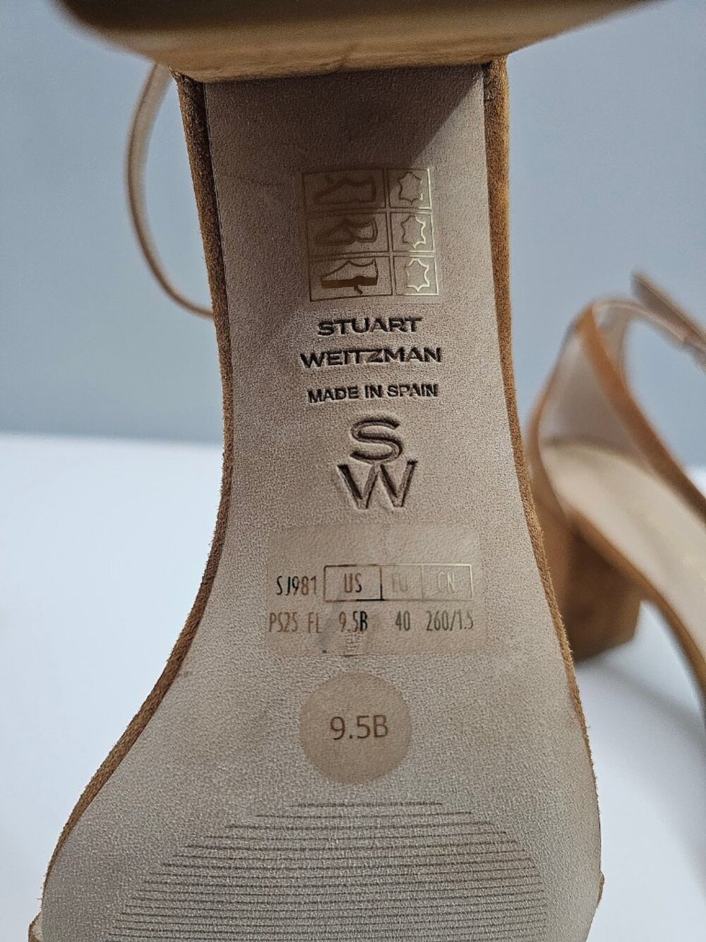 Stuart Weitzman Nudist Block 75 Sandal Womens 9.5 Caramel Brown Suede Block Heel - Picture 13 of 14
